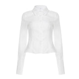 Simple Commuting Style Slim Thin Collar Buckle Foundation Solid Color Woven Long-Sleeved Shirt Top