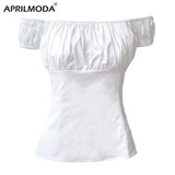 Summer White Cotton Vintage Blouse 1950s Solid Tops Slash Neck Puff Sleeve 50s 60s Retro Shirts Slim Fit Womens