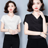 Blouses for Women Fashion Satin Casual T-shirt Solid V-neck Womens Tops Silk Elegant Short Sleeve Blouse Women