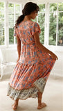 Queens Women Sexy V Neck High Split 2020 Print Flare Sleeve Bohemian Dresses Ladies Rayon Cotton Boho Maxi