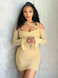 Elegant Mesh Ruched Mini Dress For Women Gown Summer New Hollow Out Full Sleeve Backless Bodycon Sexy Club Party