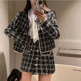 Fashion 2021 Autumn 2 Pieces Set Elegant Vintage Plaid Tweed Long Sleeve Jackets Coat + Irregular A-Line Mini Skirts