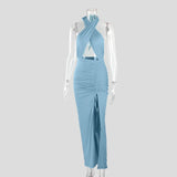 Halter Drawstring Long Dress Women Summer Sleeveless Hollow Out Backless Bodycon Elegant Club Party