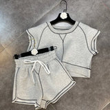 2022 Summer New Arrivals Sleeveless O Neck Crop Top Drawstring Shorts 2 Piece Set Women Outfits Grey