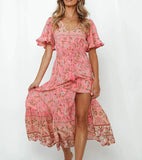 Queens Women Floral Print Tie Neck Beach Bohemian Maxi Dresses Ladies Rayon Cotton Boho Pleated Dress