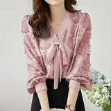 Autumn Flocking Print Bow Lace Up Pullover Chiffon Blouse Elegant Fashion Lantern Long Sleeve All-match Shirt Top