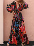 Spring Summer Elegant V-Neck Bohemian Loose Maxi Dress Fashion Print Vacation Beach Dresses Women Vintage Long Sleeve
