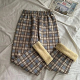 Fashion Warm Plush Pants Thick Plaid Women Winter Casual Loose Wide Leg Trousers Korean Streetwear Straight Student