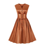 Vintage Sleeveless Satin Pleated Retro Dress Women Bandage Button Front Swing Pinup Casual Summer 50s Dresses Robe