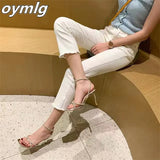 new all-match square head silver rhinestone one-word buckle high-heeled sandals sweet wind stiletto sexy designer