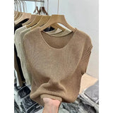 Top Women Summer Ice Silk Solid T-shirt Sleeveless Knit Top Women French Top 2023 Slim Bottom Shirt Elegant Blusas