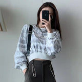 Y2K Tie Dye Loose Women Cropped Sweatshirt Pullover Korean Fashion Gothic Letter Tops Lady Fall Casual All-match
