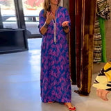 Spring Summer Casual Loose Long Dress Fashion Ladies V-neck 3/4 Sleeve Beach Dress Vintage Pocket Straight Bohemian