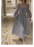 Women Casual Print Elegant Square Collar Midi Dress Vintage Female Long Sleeve Lace Holiday Beach Dress Slim Evening Party