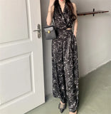 Fashion Casual Satin Printed Set Women's Summer Temperament Elegant Premium Sense Vest Top Wide Leg Pants Two Piece