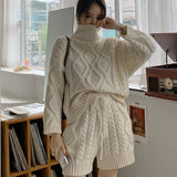 Ladies Sweater Set Turtleneck Loose Pullovers & Elastic Waist Lace-up Shorts Women 2 Pieces Knitted