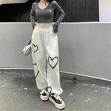 Pure Cotton Sweatpants Women Heart Print Joggers Hip Hop Streetwear Oversized Wide Leg Pants Harajuku Korean Trousers