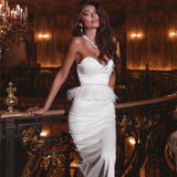 Women Elegant Bandages Dress Sexy Strapless Feathers Bodycon Clothes Evening Party Club