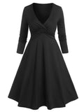 Waist Front Ruched A Line Dress Front Twist Long Sleeve Black LBD Little Black Women