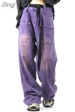 Leg Pants Denim Purple American Straight Retro Ankle Length Cargo Jeans Loose Washed Distressed Pockets Zipper Fly