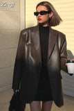 Autumn Black Brown Soft Pu Leather Blazer Women Shoulder Pads Long Sleeve Single Breasted Loose Casual Korean