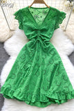 Women Hollow Out Drawstring Dress Sexy V-Neck Sleeveless High Waist A-Line Ruffle Hem Draped Vestidos