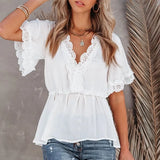Queens Women White V-neck Ruffles Boho Blouse Shirts Short Sleeve Lace Sexy Bohemian Blusas Tops