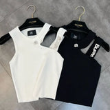 2022 Summer New Arrival Sleeveless Single Shoulder Hollow Out Diamonds Letters Slim Knitted Tank Top Woomen Vest