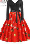 Women Winter Long Sleeve Vintage Christmas Dress Black Red Print V Neck Sexy Xmas Party Dress Robe 3XL Elegant