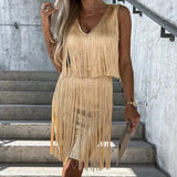 Sleeveless V-Neck Summer Mini Party Dress Ladies Fashion Solid Color Fringe Satin Dress Ladies Slim Hip Dresses 2023