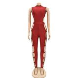 Sexy Solid Blue Hollow Out Long Pants Jumpsuit Women Sleeveless Back Zipper Skinny Romper Clubwear Jumpsuits 2021