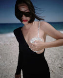 Long One Sleeve Rhinestone Cup Mini Dress-Outfit