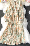Autumn Bohemian Floral Pleated Long Dress Women Elegant Bow Collar Puff Sleeve Draped Chiffon Vestidos Female Party