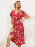 Printed Casual Beach Midi Dresses Women Summer V-neck Short Sleeve Empire Waist A-Line Dress Sundress Vestido Robes