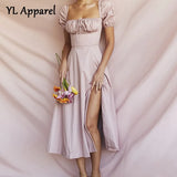 Pink Dress Woman Clothes Summer Halter Square Collar High Waist Tunics Split Mid-calf Puff Sleeve Evening Party