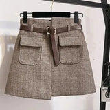 Puff Sleeve Women Fashion Autumn Winter Slim Sweet Sweaters Tops+Woollen Cloth Plaid High Waist Pockets Mini Skirts
