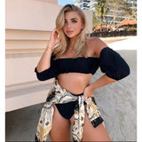 Sexy Double Ruffle Bikinis Women Swimsuit Solid High Waist Swimwear Off The Shoulder Bathing Suit Beachwear Bandeau