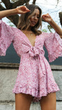 Queens Women Boho Bodysuits Pink Floral Print Half Flare Sleeve Ruffles Loose V-neck Rompers Bohemian Linen Belt