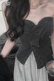 Denim Slim Waist Button Irregular Tanks Vintage Tops Sexy Tube Skinny Women Backless Shoulder Strapless