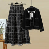 Women Autumn Winter Vintage fragrant Knitted Two Pieces Sets Korean Long Sleeve Knit Cardigan And High Waist Plaid Skirts