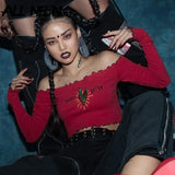 Gothic Off Shoulder T-shirts Solid Embroidery Front Long Sleeve Ruffle Hem Crop Tops Fashion Spring E girl Tees