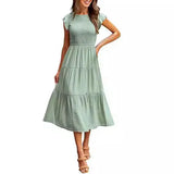 Summer Hot Women's Clothing New To Take Flying Sleeves Pure Color Folding Short-Sleeved Dress