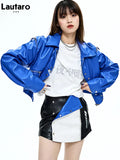 Spring Short Black Blue Faux Leather Jackets for Women Long Sleeve Zipper Runway Fashion Designer Luxury Clothes