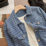 Button Denim Jacket Spring and Autumn 2023 New Solid Blue Women's Woven Hook Flower Design Short Denim Coat Woman