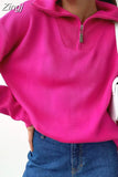 Women's Zipper Sweater Polo Oversized Pink Soft Knitted Sweaters Pullover Female Loose Thermal Sweaters for