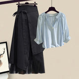 Outfits For Women 2023 Korean Casual V Neck Solid Blouse+irregular Mesh Patchwork Skirt Two Pieces Set Women Clothing