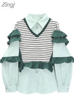 Women's Shirt Chic Vintage Blouses Casual Polo-Neck Long Sleeve Loose Female Striped Patchwork Blouses Fake Two