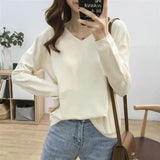 Autumn Basic Solid V-neck Knitting Pullover Ladies Elegant Fashion All-match Sweater Female Loose Casual Jumper Top