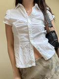 Short Sleeve V-Neck Plain Ruched Shirt- Outfit