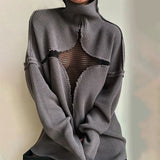 Y2K Knitted Pullover Loose Autumn Winter Turtleneck Top Outfits Black 2022 Hollow Out Oversized Jumper Women